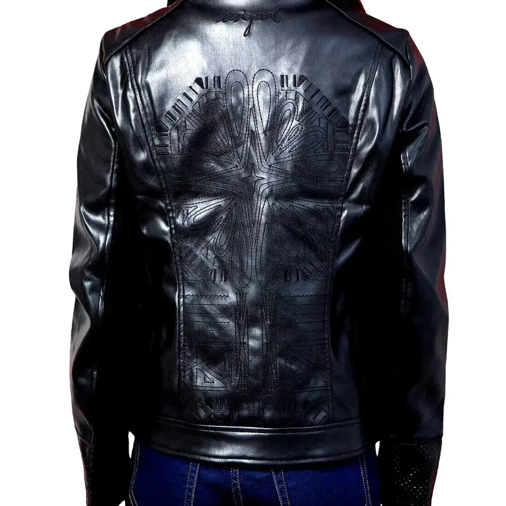 Desigual Chaq Emine Rep Vegan Leather Moto Biker Jacket Black Size 38/ US 4 NWT